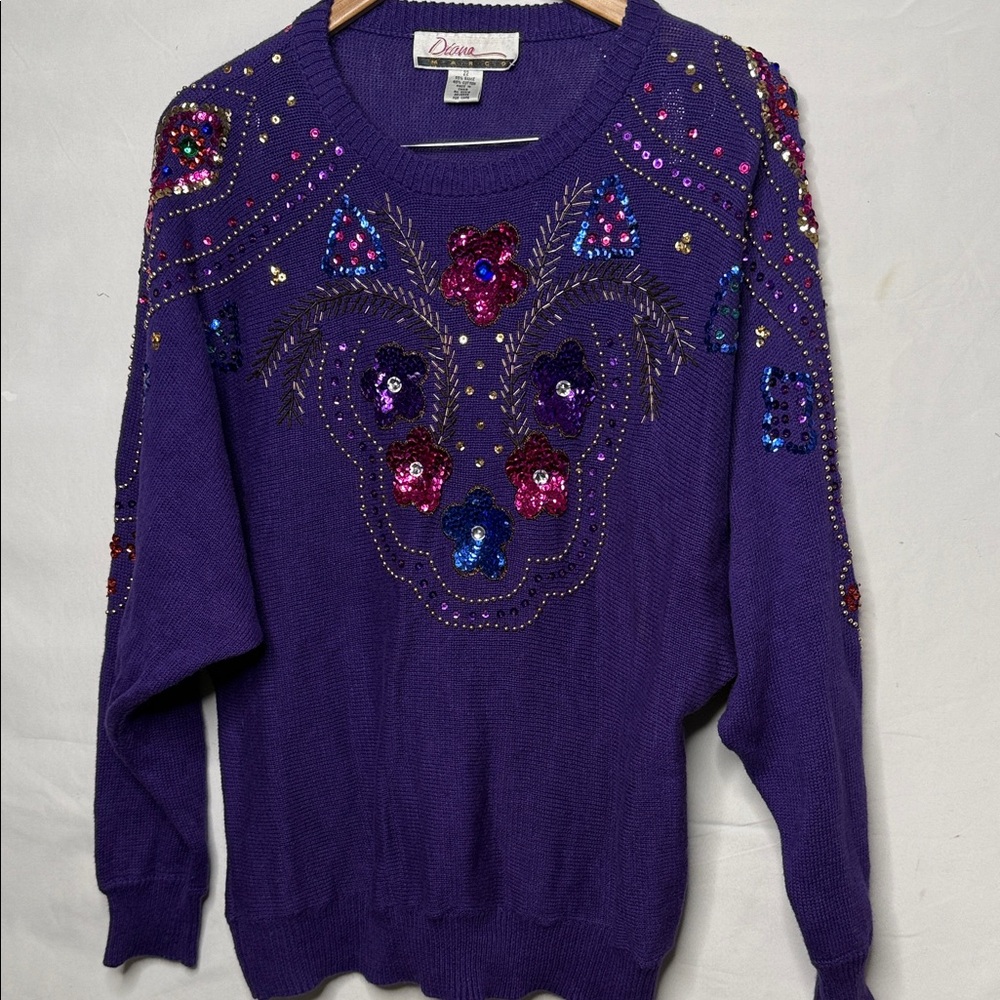 Vintage Diana Marco 1980’s purple embroidered sequin beaded sweater sz 22 Large - Picture 1 of 7